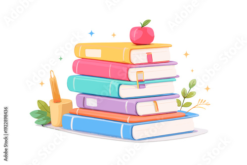 A 3D illustration of a stack of colorful books with a red apple on top, featuring a pencil holder and green leaves against a black background with small decorative stars.