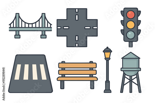 A collection of urban infrastructure icons featuring a suspension bridge, road intersection, traffic light, pedestrian crosswalk, park bench, street lamp, and water tower on a black background.