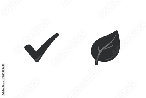 A dark grey checkmark icon and a leaf icon are displayed side-by-side against a solid black background. Both symbols feature subtle three-dimensional shading and highlights.