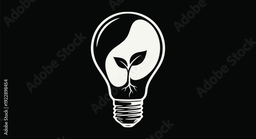 Lightbulb Negative Space Seedling – Off-White Minimal Line Art Vector on Black Background Eco Innovation Poster