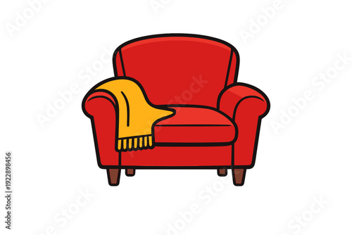 This cartoon illustration depicts a comfortable red armchair with a yellow fringed blanket draped over one arm. The piece of furniture stands on four small brown wooden legs.
