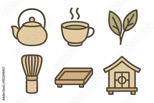 A collection of six minimalist icons related to traditional tea culture, featuring a teapot, a steaming cup, green leaves, a bamboo whisk, a wooden tray, and a small tea house on a black background.