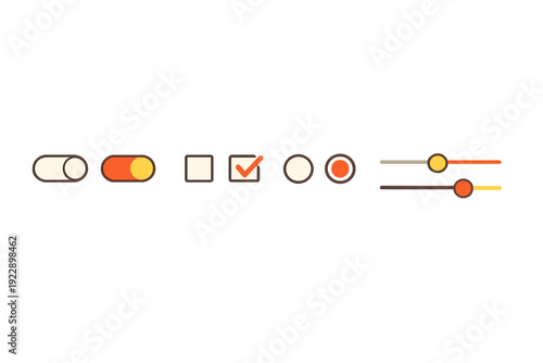 A collection of flat vector user interface elements including toggle switches, checkboxes, radio buttons, and sliders in orange and yellow tones on a black background.