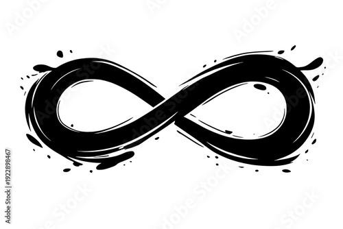 This graphic illustration features a black infinity symbol with dynamic liquid splashes and droplets. The minimalist monochrome design is set against a dark, textured background.