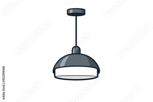 A vector illustration of a sleek dark grey pendant light fixture with a white shade, suspended by a cord from a ceiling mount against a plain black background.