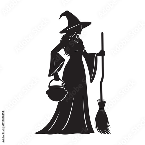 Cartoon illustration of a beautiful Halloween witch in a black fashion dress and magic hat holding a broomstick silhouette vector character for a holiday party