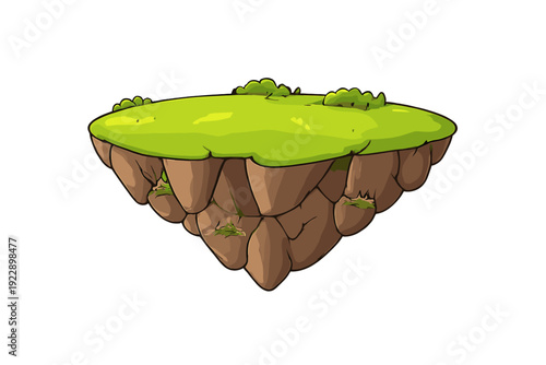 A digital illustration of a floating land mass featuring a vibrant green grass top and a brown rocky underside, set against a solid black background for creative projects.
