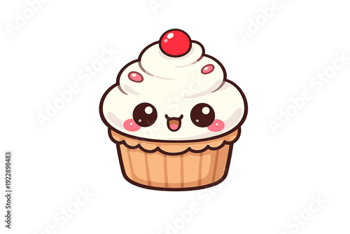 This adorable kawaii cupcake illustration features white frosting with a smiling face, pink cheeks, and a red cherry. The dessert is in a tan liner on a black background.