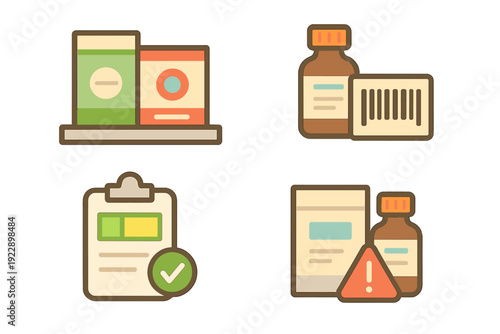 A set of four flat icons representing pharmaceutical management, including medicine boxes on a shelf, a barcode scanner, a medical checklist, and a drug safety warning symbol.