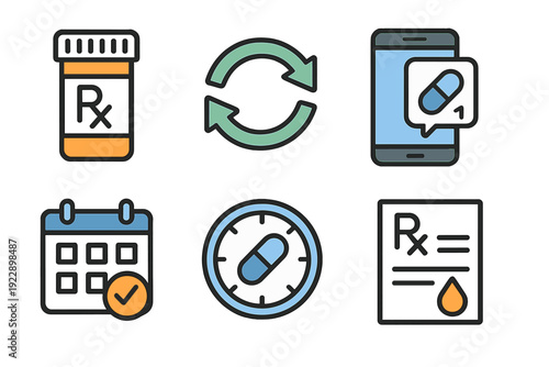 A set of six medical icons including a prescription pill bottle, refill arrows, a smartphone notification, a calendar with a checkmark, a medication clock, and a prescription form.