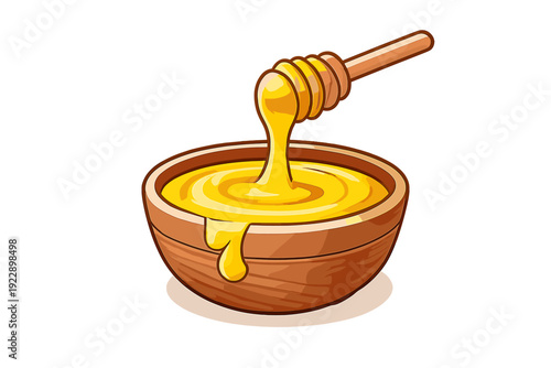 This cartoon illustration shows a wooden bowl overflowing with golden honey, with a wooden dipper dripping more honey into it, all set against a black background.