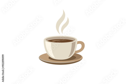A minimalist illustration of a white ceramic cup filled with dark coffee, resting on a tan saucer with wisps of steam rising against a solid black background.