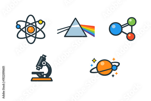 A collection of five science-themed icons including an atom, a prism with a rainbow, a molecular structure, a microscope, and a ringed planet, all set against a solid black background.