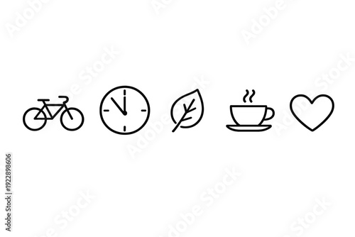 A row of five minimalist white line icons featuring a bicycle, a clock, a leaf, a steaming cup of coffee, and a heart shape, all set against a solid black background.