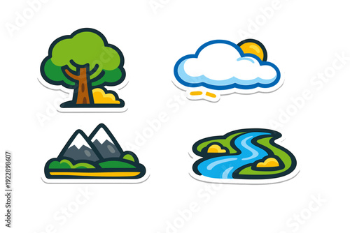 A set of four illustrated stickers depicts various natural elements including a lush green tree, a sunny cloud, jagged mountains, and a flowing blue river with green banks.