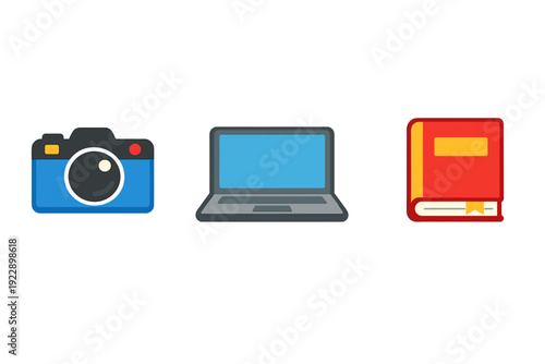 A collection of three flat style icons featuring a blue digital camera, a grey laptop computer with a blue screen, and a red hardcover book with a yellow bookmark on a black background.