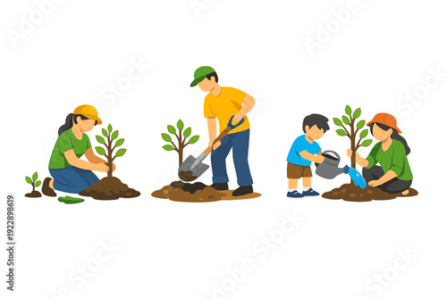 A vector illustration showing a group of people engaged in tree planting activities. A man digs with a shovel while a woman and child water and care for young saplings on a black background.