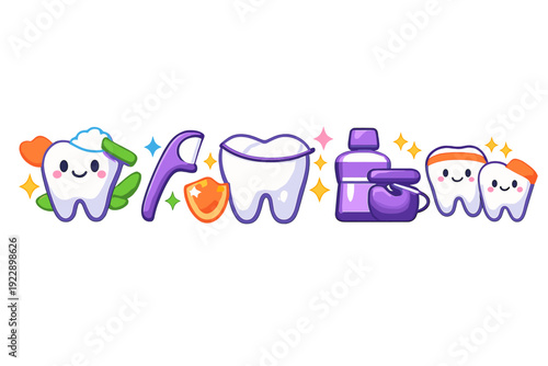 Colorful cartoon dental care icons including smiling teeth, dental floss, mouthwash, and a shield. These cute illustrations are designed in a vibrant vector style on a black background.