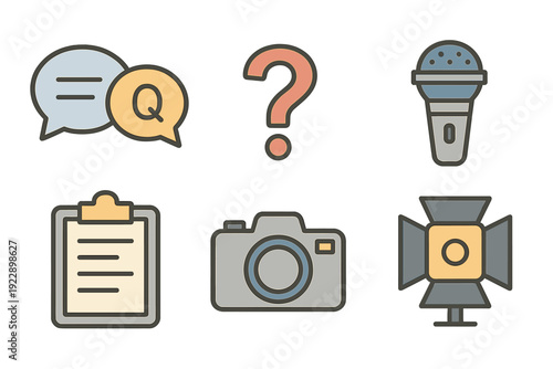 A collection of six flat design icons related to journalism and media production, including a microphone, camera, studio light, clipboard, question mark, and speech bubbles.