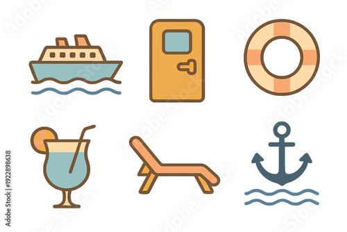 A collection of six flat vector icons related to a cruise vacation, including a ship, cabin door, lifebuoy, tropical cocktail, deck chair, and an anchor on a black background.