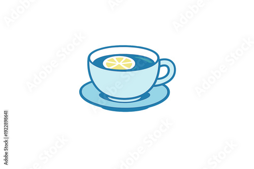 A minimalist vector illustration featuring a light blue teacup and saucer filled with dark tea and a floating yellow lemon slice, set against a solid black background.