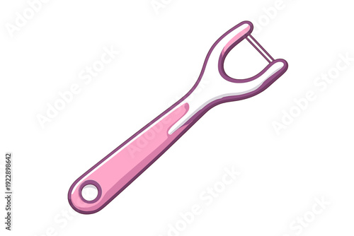 This cartoon illustration features a pink dental floss pick with a white handle and a small piece of floss, isolated on a solid black background for dental care.