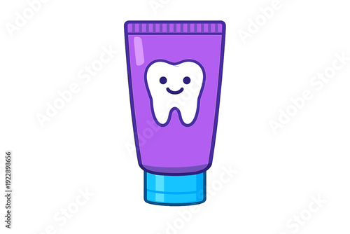 A cartoon illustration of a purple toothpaste tube with a blue cap. A white tooth with a happy face is printed on the tube, which is centered on a solid black background.