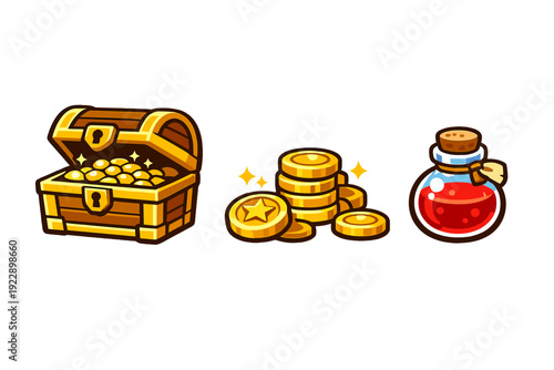 A set of game icons featuring an open treasure chest filled with gold, a stack of gold coins with a star symbol, and a red potion bottle, all set against a black background.