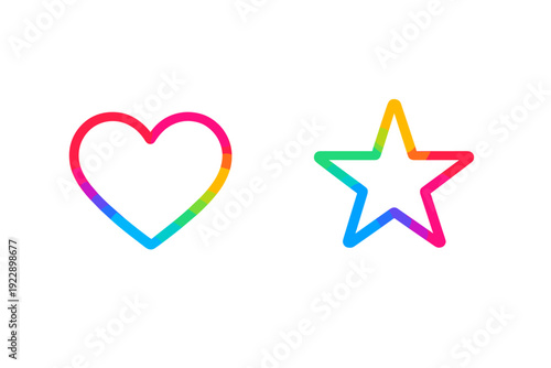 A vibrant rainbow-colored heart and star outline are displayed side by side against a solid black background. The colorful gradients create a glowing neon effect on the simple shapes.