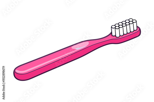 This is a 2D vector-style illustration of a pink plastic toothbrush featuring white bristles. The object is positioned diagonally and has a simple, clean design with highlights.