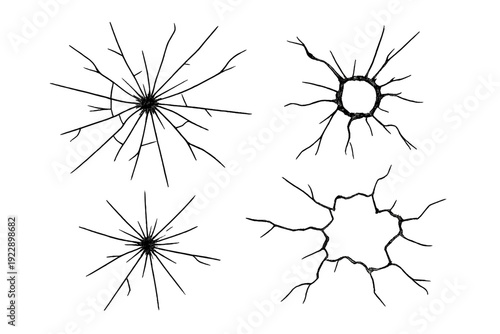 A collection of four distinct cracked glass or impact hole patterns isolated on a black background. Each graphic shows radial fractures and shattered textures in white and grey.