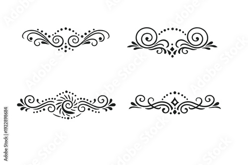 A collection of four elegant white decorative flourishes and calligraphic ornaments on a black background. These vintage scrollwork designs feature intricate swirls, dots, and curls.