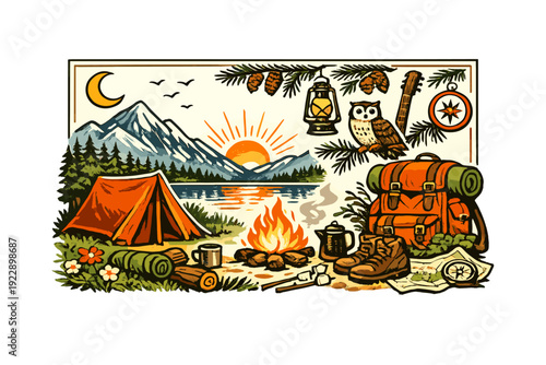 A vintage-style illustration of a campsite featuring an orange tent, a crackling campfire, a backpack, and hiking boots set against a backdrop of mountains and a serene lake at sunset.