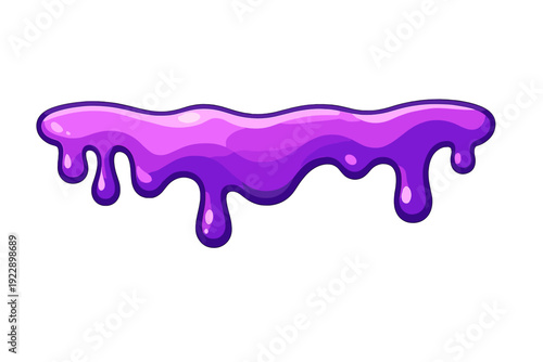 A glossy purple slime illustration dripping downwards against a solid black background. The viscous liquid features bright highlights and dark shadows for a three-dimensional effect.