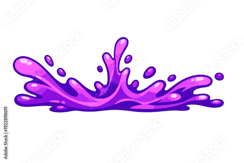 A vibrant purple liquid splash with glossy highlights and droplets is depicted against a solid black background. The stylized illustration features dynamic curves and a cartoonish aesthetic.