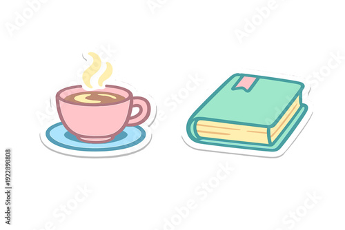 Two cartoon stickers featuring a steaming pink cup of coffee on a blue saucer and a closed light green book with a pink bookmark, set against a solid black background.