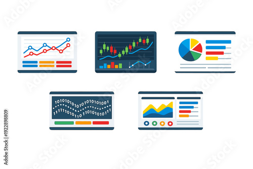 A collection of five digital dashboard screens displaying various data visualizations including line graphs, candlestick charts, pie charts, and binary code on a dark background.