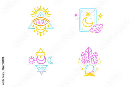 A set of four neon mystical icons featuring an all-seeing eye, tarot card, alchemical symbols, and a crystal ball with crystals on a black background in a vibrant line art style.
