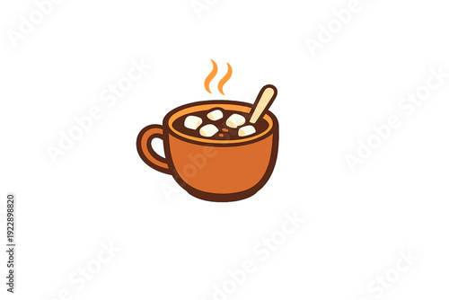 A minimalist cartoon illustration of an orange mug filled with hot chocolate and white marshmallows. A small spoon rests inside, and orange steam rises against a solid black background.