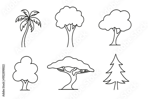This set features six distinct tree illustrations in a simple black line art style. Included are a palm tree, various leafy trees, and a coniferous pine tree on a white backdrop.