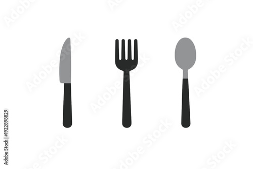 This minimalist graphic shows a grey knife, a black fork, and a grey spoon aligned vertically. The flat design elements are set against a solid black background for a clean look.