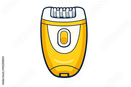 A cartoon illustration of a yellow and white electric epilator for hair removal. The device features a rounded body with a central button and a rotating head at the top.