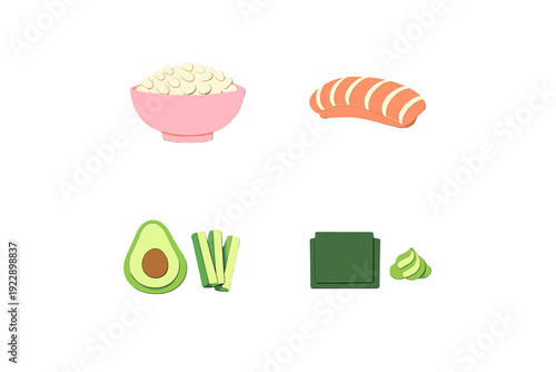 A collection of stylized paper-cut illustrations featuring sushi ingredients like a bowl of rice, salmon, avocado, cucumber, nori seaweed, and wasabi on a black background.