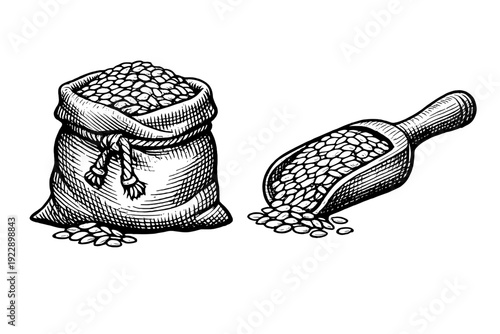 This monochrome engraving depicts a burlap bag overflowing with grain next to a wooden scoop filled with seeds, rendered in a detailed hand-drawn style on black.