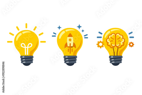 Three yellow light bulb icons on a black background representing ideas, innovation, and intelligence. The bulbs contain a filament, a rocket ship, and a human brain with gears.
