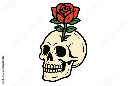 A stylized illustration of a cream-colored human skull with a vibrant red rose growing from its top against a solid black background. The artwork features bold black outlines.