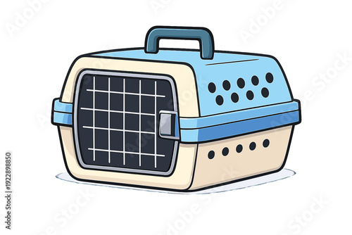 This cartoon illustration shows a blue and beige pet carrier with a metal wire door and a top handle. The carrier has ventilation holes and is set against a solid black background.