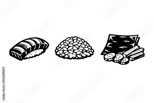 A black and white graphic illustration featuring three separate Japanese food items: a piece of nigiri sushi, a pile of rice, and seaweed sheets with sliced vegetables.