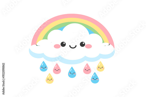 This kawaii illustration features a smiling black cloud with pink cheeks under a pastel rainbow. Colorful raindrops with happy faces fall from the cloud on a solid black background.