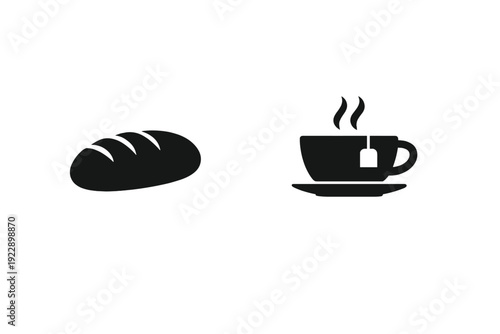 A minimalist black silhouette illustration featuring a loaf of bread and a steaming cup of tea with a tea bag on a saucer, set against a plain white background.